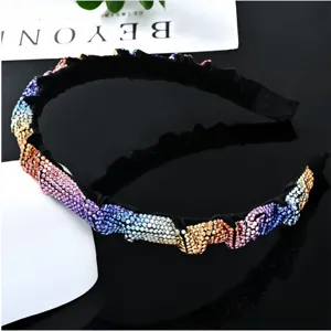 Crystal embellished rhinestone headband, black pleated hair hoop with gradient colorful gems.