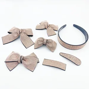 Champagne rhinestone bow hair clips and headband set, exquisite crystal hair accessories for women.