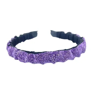 Purple rhinestone headband for women, wide pleated crystal hair hoop baroque hair accessory.