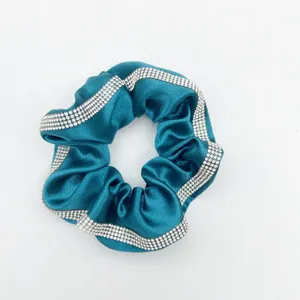 Dark teal satin hair scrunchie with sparkling rhinestone edges for women's elegant ponytails.