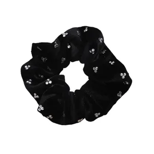 Black velvet hair scrunchie with sparkling rhinestones, elegant hair tie accessory for women.