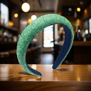 Green sparkly wide padded headband for women, fashion high crown crystal hair hoop accessory.