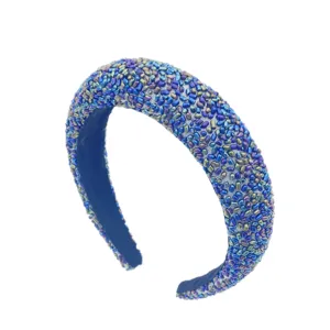 Cerchietto per capelli largo imbottito di perline, fascia blu iridescente brillante per donna