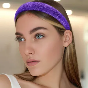 Close-up detail of the purple glitter headband worn by model, showing sparkling texture and style.