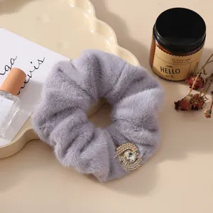 Grey plush hair scrunchie with dazzling rhinestone detail, elegant Korean style winter hair accessory.