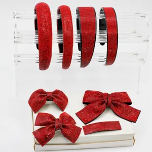 Sparkling red rhinestone hair accessories set, including crystal headbands and lovely bow clips.