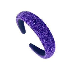 Purple sparkling sequin crushed stone padded headband, chic daily hair accessory view.