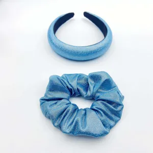 Blue glitter headband and scrunchie set for women, stylish hair accessories for daily wear.