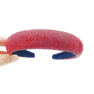 Red rhinestone padded headband for women, sparkly crystal wide hair hoop for holiday party
