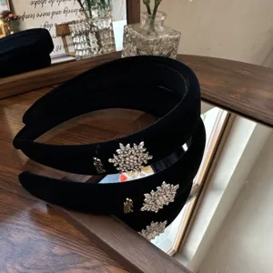 Black velvet crystal snowflake headband wide sponge hair hoop retro elegant hair accessories
