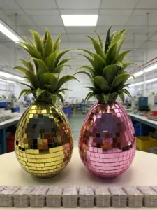 Figurine ananas miroir disco doré et rose pour décoration de maison et de grande fête.