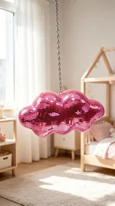 Détail de boule disco nuage rose, décoration suspendue étincelante pour fête et maison.