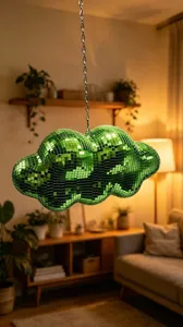 Nuage vert boule disco ornement suspendu miroir reflechissant fete retro decoration detail vue