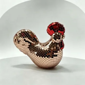 Statuette coq miroir disco mosaïque or rose sculpture poulet rétro déco fête maison decor art