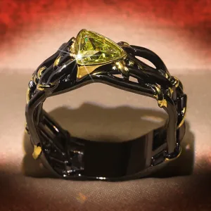 Anillo geométrico de circonita verde oliva oro negro bicolor estilo europeo joyería de moda