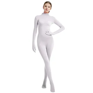Solid white full body zentai suit for women, stretchy milk silk stage dance performance costume.