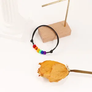 Bracciale intrecciato arcobaleno a sei colori, gioiello da polso in corda nera fatto a mano.