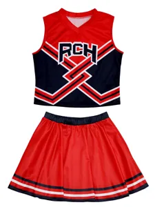 Set da cheerleader rosso e nero con top corto e gonna plissettata per danza e cosplay.