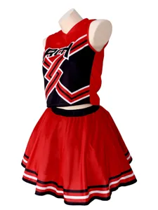 Set costume da cheerleader rosso e nero, top smanicato e gonna plissettata per feste cosplay.