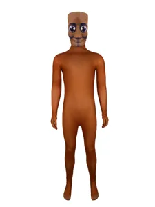 Funny brown zentai full body suit cosplay costume with funny meme face print for party events.