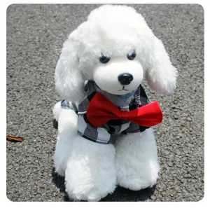 Detailed view of pet plaid shirt with red bow tie, perfect for small dogs and cats.