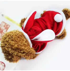 Detail shot of the cute red and white pet fleece costume with bunny ears and cozy fabric.