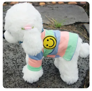 Detail van kleurrijk gestreept huisdier t-shirt met vrolijke gele smiley patch voor hond.