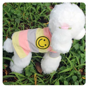 Detail van gestreept huisdieren t-shirt met leuke smiley patch en kleurrijk ontwerp.