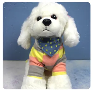 Detailopname van het kleurrijke gestreepte huisdier t-shirt met schattige bloemen bandana op hond.