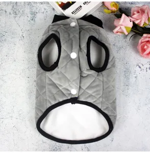 Grey quilted pet vest with black trim and snap buttons, warm winter dog clothes for small pets.