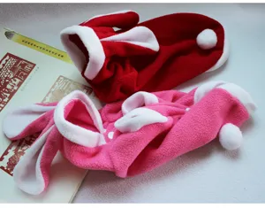 Cute autumn winter pet dog clothing with rabbit ears and warm fleece hoodie red pink coat design.