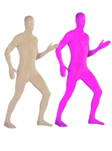 Detailed view of full body zentai suits in skin tone and bright pink for party costumes.