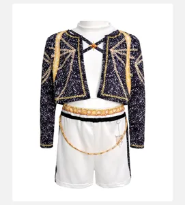 Black gold K-POP stage costume cropped jacket and shorts set for cosplay and performance.
