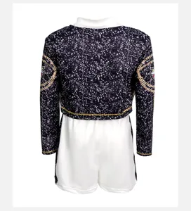 Black gold stage costume K-POP cosplay demon hunter outfit short jacket and white shorts.