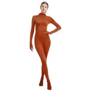 Details of women zentai full body suit milk silk stretch orange stage performance costume.