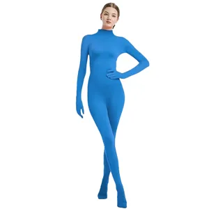 Women full body blue zentai suit stretch spandex costume long sleeve stage performance outfit