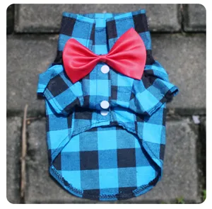 Blue and black plaid pet dog shirt with red bow tie, cute puppy apparel for cats and small dogs spring.