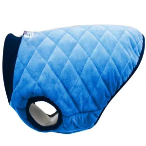 Blue quilted pet vest detail, warm cotton dog clothes texture and soft fleece fabric.
