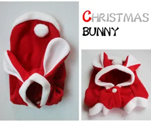 Detail view of cute Christmas rabbit pet costume for dogs and cats. Soft fleece winter pet outfit.