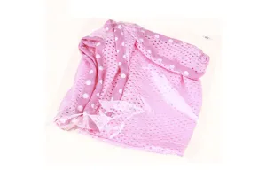 Pink polka dot breathable mesh pet hanging hammock size S, detailed view in clear package.