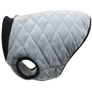 Grey quilted pet vest detail, soft winter warm dog cat clothes, cozy apparel close-up view.