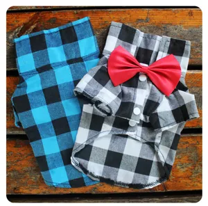 Dog plaid shirt suit pet clothes, stylish red bow tie design, perfect for small dogs and cats.