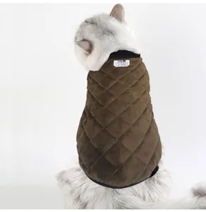 Cozy brown quilted pet vest for cats and small dogs, warm winter fleece jacket apparel.