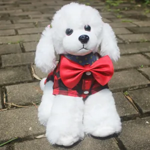Red plaid pet shirt with large bow tie for dogs and cats, cute puppy apparel costume.