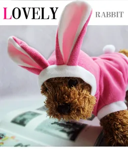 Cute autumn winter pet dog costume pink rabbit hoodie with long ears for small dogs apparel.