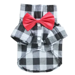 Cute black and white plaid dog shirt with red bow tie, stylish pet suit for small dogs.
