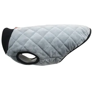 Warm winter pet vest in stylish grey quilted fabric with black trim for dogs and cats comfort.