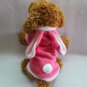Cute pink bunny fleece dog hoodie for autumn and winter, pet costume with rabbit ears.