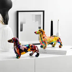Colorful graffiti dachshund dog figurine, modern resin animal desktop decor ornament for home.