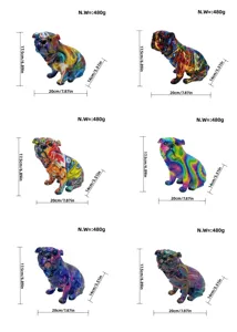 Colorful graffiti French bulldog resin figurine detail view showing exact sizes and weight.